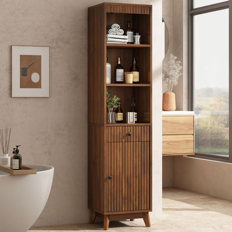 Armoire salle de bain 40x36x172cm - portes cannelées + tiroir - MDF - noyer (1/5)