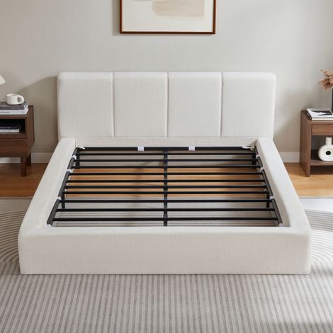 Estructura de cama de 160x200 cm con cabecero tapizado, armazón de acero reforzado, sin somier – fácil montaje, alta estabilidad, colchón no incluido. (1/4)