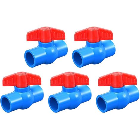 Vanne à bille, sortie PVC 25 mm de diamètre intérieur pour couper l'eau dans un aquarium, une pompe de puisard, une piscine ou un arroseur de jardin. Bleu et rouge, lot de 5.-AquaForge (1/5)
