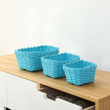 Lot de 3 Paniers en Osier pour Rangement Salle de Bain - Corbeille Écologique en Papier pour Jouets, Cosmétiques, Linges et Accessoires (Bleu) (1/4)