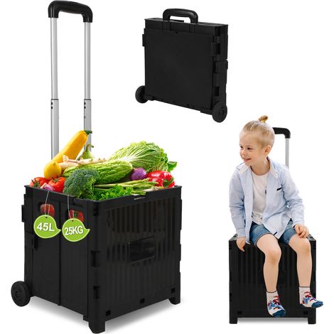 Wolketon 45L Einkaufstrolley faltbar mit Deckel, 2 Räder Box-Einkaufswagen für Einkauf und Haushalt, Schwarz