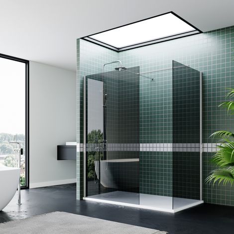 ELEGANT Bathroom Grey Frameless Tempered Glass Shower Screen and Side Panel 700mm + 800mm + Anti-Slip Resin Shower Tray 1200x800mm (1/5)