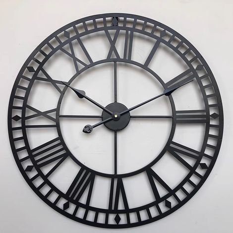 Wetterfeste Gartenuhr, Vintage-Retro-Design mit römischen Ziffern, schlichtes Design im Schmiedestil, geräuschlos, batteriebetrieben, 40 cm Außenuhr (Schwarz) (1/3)