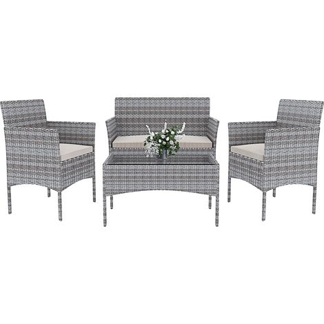 Arreditaly Set Di Mobili da Giardino Salotto Salottino in Rattan 4 Posti con Tavolino E Ripiano In Vetro 2 Poltrone e Divano 2 Posti Per Giardino Esterno Piscina Cuscini Sfoderabili (Grigio)