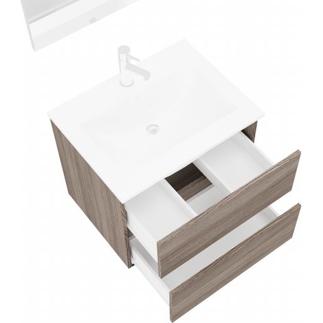 Mueble de baño suspendido de 60 cm en madera de roble ahumado con lavabo y espejo - Empoli - Con columna espejo y lámpara LED