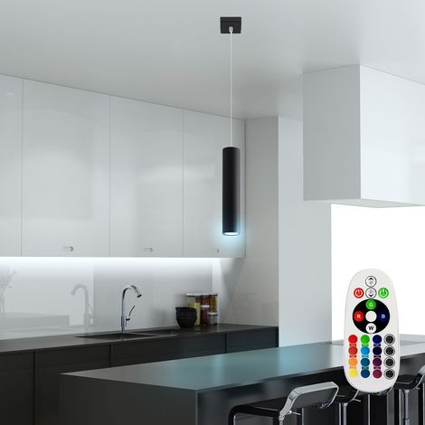 Pendelleuchte schwarz Metall Hängeleuchte schwarz Zylinder Hängelampe schwarz Modern, dimmbar Fernbedienung, 1x RGB LED 3,5W 290Lm warmweiß, DxH 8x100 cm