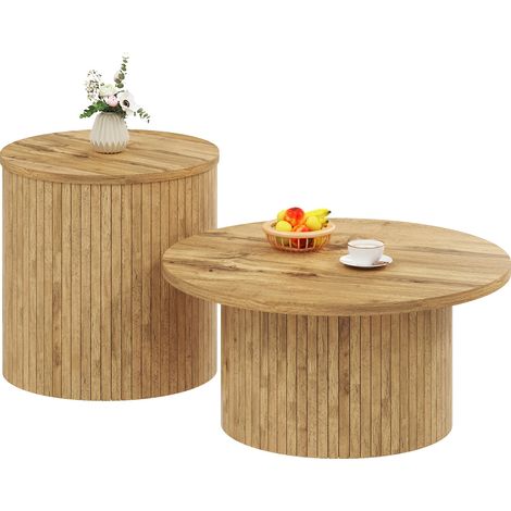 Table basse double ronde, table d’appoint avec lattes en bois naturel, table de salon multifonction