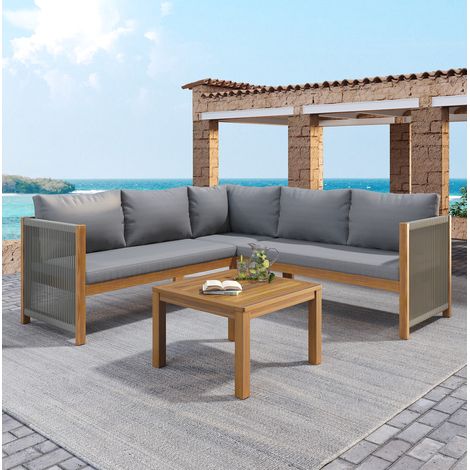 Salon de jardin d'angle gris en polyester avec structure en acacia et table basse assortie (1/5)