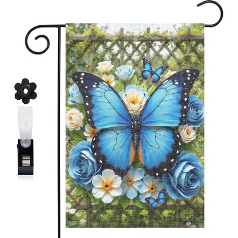 Bannière de cour papillons bleus et roses bleues 30 x 45 cm décoration maison de campagne (1/5)