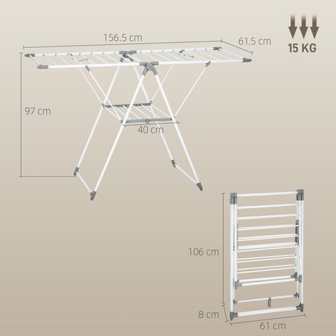 Étendoir à linge à deux niveaux, hauteur réglable sur 4 niveaux, construction en métal et plastique, 156,5 x 61,5 x 97 cm, blanc. (1/5)