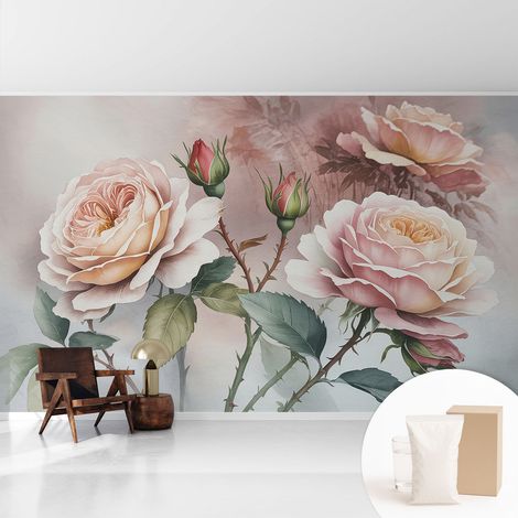Fototapete Tapete Vliestapete mit Kleber - Wandtattoo - leicht anzubringen - Wandverkleidung Pastellfarbene Rosen 416x254 cm (1/5)
