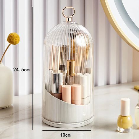 Organisateur de pinceaux de maquillage rotatif à 360° (blanc) avec couvercle, pour bureau. (1/5)