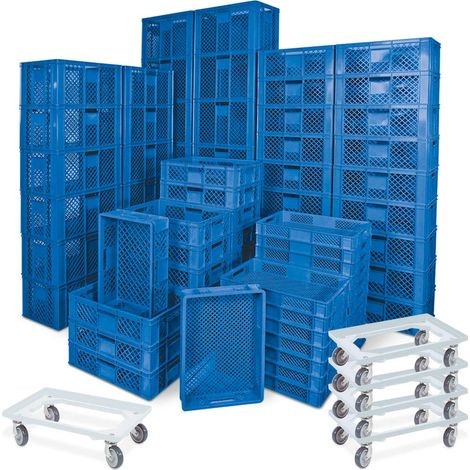 BRB 78 Stück Stapelkörbe/Bäckerkästen in 5 Größen, Grundmaß LxB 600x400 mm, H 90 mm, 150 mm, 240 mm, 320 mm, 410 mm, + 5x Transportroller weiß (blau)