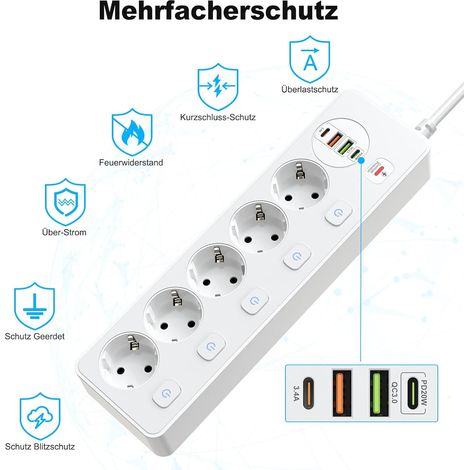 Multipresa 5 prese commutabili singolarmente, multipresa con 2 USB A e 2 USB C, 5 prese con interruttore, montaggio a parete con prolunga da 2 m, PD 20 W, bianco