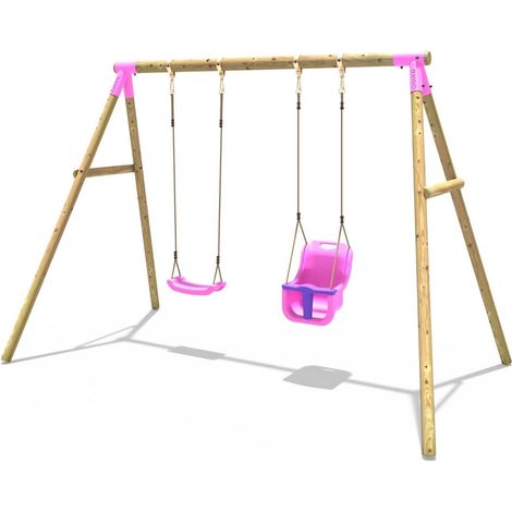 Rebo Wooden Garden Swing Set with Standard Seat and Baby Seat - Luna Pink