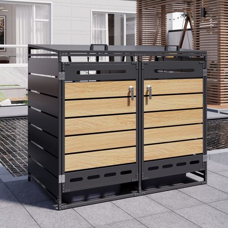 REDOM Cache poubelle 2 bacs couvercle hydraulique, 2 compartiments, ventilation, fer noir (1/5)