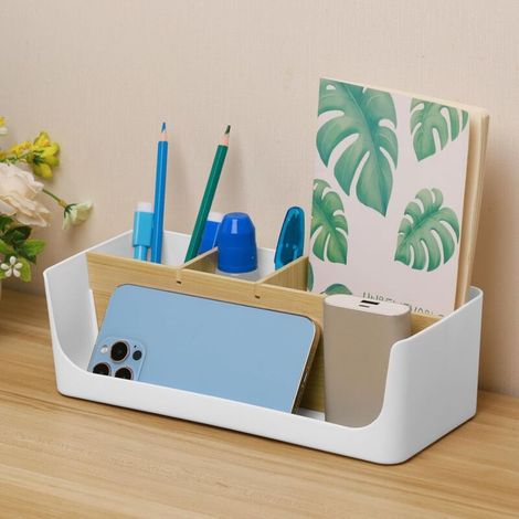 Desk Storage Box with 4 Compartments Pen Holder Desk Organizer Holder for Pens, Mobile Phone, Tablet, Cosmetics, Office Supplies (27 x 11.7 x 8.5 cm) (1/5)