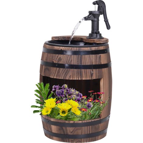 Barrel Garden Water Feature Electric Pump, Wooden Garden Decorative Ornament Waterfall Fountain Flower Planter Decor (1/5)