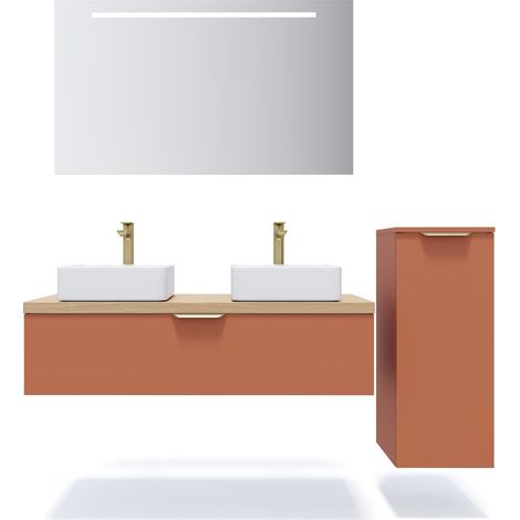 Meuble de salle de bain suspendu 2 vasques à poser 120cm 1 tiroir Terracotta + miroir + colonne ouverture droite - Venice (1/5)