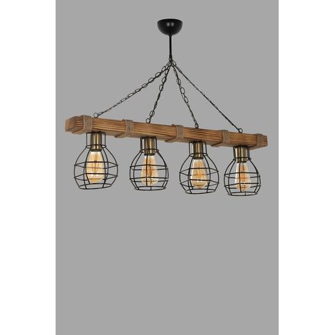 Lustre rustique industriel - Corps en bois - Finition vintage - Longueur : 85 cm - Hauteur : 70 cm - Réglable - Culot E27 - Maximum 40 W - Parfait pour les maisons de campagne (1/2)