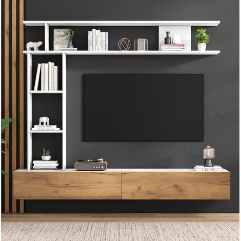 Meuble TV 180x35x22.5 cm blanc et bois en panneau de particules avec rangement mural et portes abattantes (1/5)