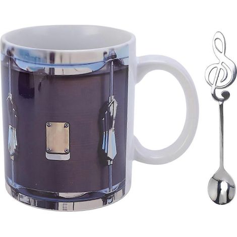 Vintage-Becher mit lustigem Trommelmuster, Keramik, Edelstahl, 325 ml, Kaffeetasse mit Löffel für kalte und heiße Getränke