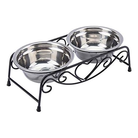 Double Raised Stainless Steel Retro Style Water and Food Bowls with Metal Stand Suitable for Dogs and Cats of All Sizes (1/5)