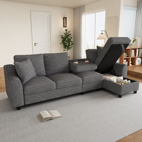 Canapé d’angle L 4 places 280x136x82 cm, avec méridienne coffre, dossier rabattable et porte-gobelets, tissu chenille, Gris