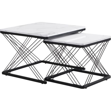 Lot de 2 tables basses gigognes élégantes, tables carrées 60x60x45 cm & 45x45x40 cm, finition marbre brillante, pieds réglables en hauteur, charge max 30 kg, set de tables gigognes