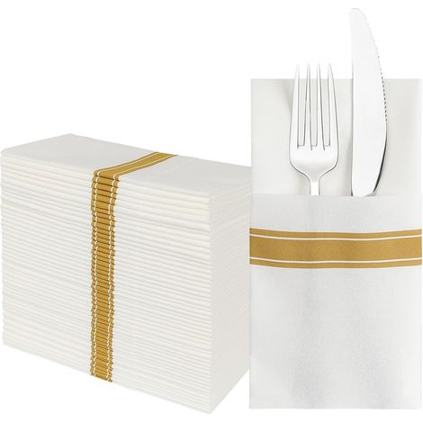 Lot de 50 serviettes jetables en tissu - Poche intégrée pour couverts - Pour fête de mariage - Blanc au toucher lin - Pré-pliées pour couverts (1/5)