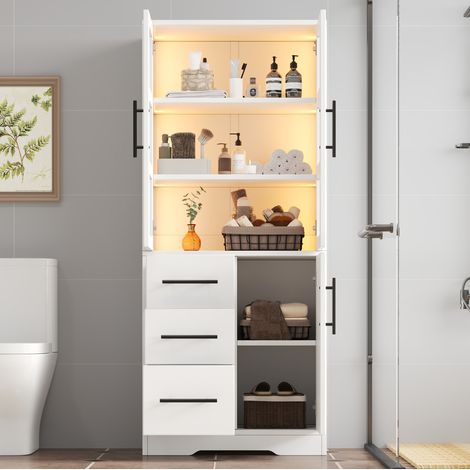 Meuble de salle de bain MDF et verre blanc 72 cm avec LED, 3 tiroirs et 3 portes (1/5)
