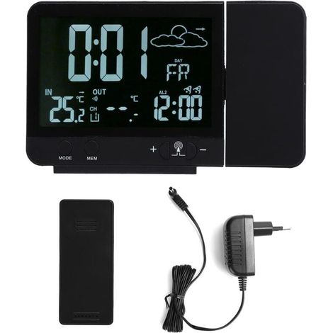 Réveil à Projection Numérique Radio Reveil Projection Plafond avec Station Météo Thermomètre Fil Hygromètre de Jauge de Contrôle D'humidité de la Température avec Calendrier pour Chambres 230V (1/4)