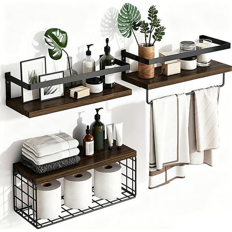 Etagères Murales Lot de 3 en Métal et Placage de Bois, Étagère Flottante Décoration Murale pour Cuisine Bureau Chambre Salle de Bain, Charge Maximal 15KG (Brun Foncé) (1/5)