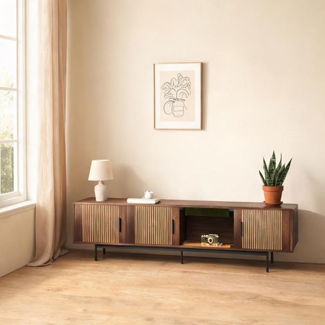Meuble TV moderne avec éclairage LED et porte en verre noir noyer (1/5)