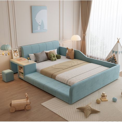 MEUBLIV Bettgestell 140x200 cm Blau – mit Schreibtisch und Hocker, ohne Matratze (1/5)