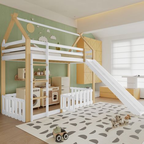 Litera de madera de 90x200 cm, cama infantil con tobogán, somier de láminas, forma de casita, colchón no incluido, anticaídas, blanca (1/5)