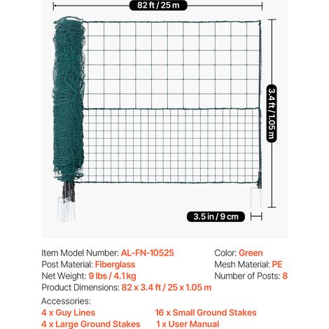VEVOR Temporary Fence with Posts, 3.4 x 82 FT Plastic Mesh Fencing, Garden Safety Fences Netting with Double-Spike Stakes & Guy Ropes, Temporary Fence for Dogs, Chickens, Plants, Outdoor Yards (1/4)