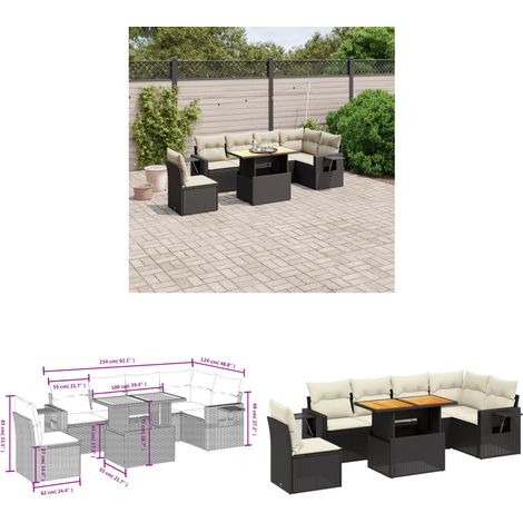 Salon de jardin 7 pcs avec coussins noir résine tressée - Ensemble Salon De Jardin - Meuble Extérieur - Résine Tressée - Rotin Synthétique - Table Extensible - Home & Living (1/3)