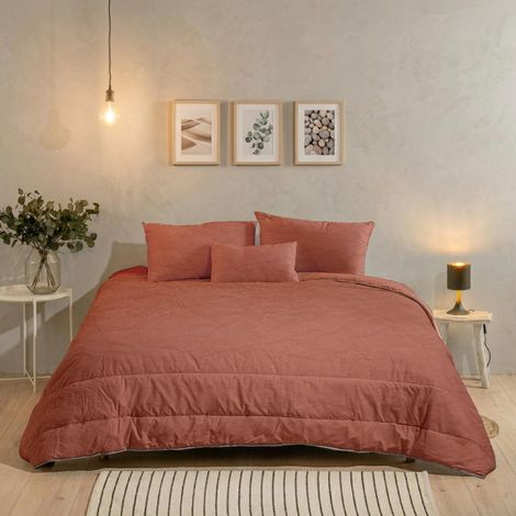 Couette Chaude Réversible 220x240 cm pour Lit 2 Personnes, Microfibre Lavée, Fabriquée en France, Terracotta (1/5)