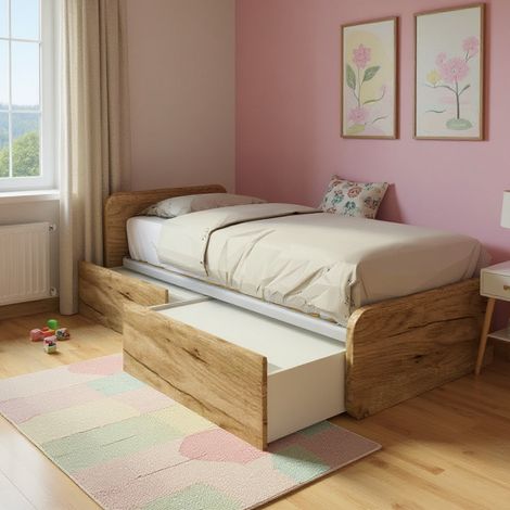 Letto singolo con cassetti 80x190 per cameretta - Design personalizzabile - Quercia