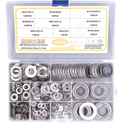 Rondelles plates de 450 pièces, acier inoxydable 304, M3 M4 M5 M6 M8 M10 M12 M14 M16 (assortiment) (1/5)