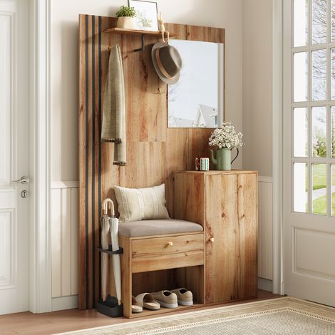 Modernluxe – Ensemble de meubles d'entrée 115x37x185 cm – Miroir et crochets – Siège rembourré – Porte-parapluie – MDF naturel
