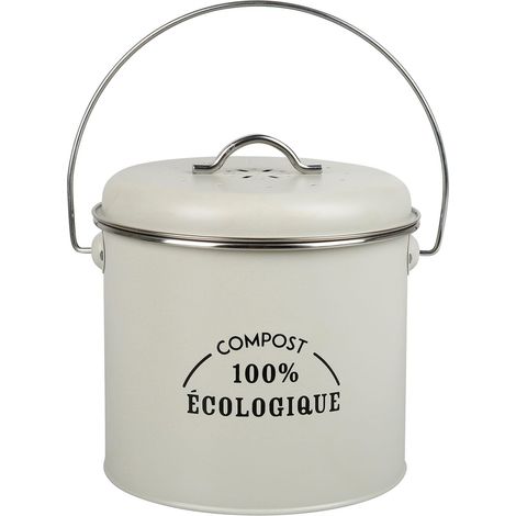 Boîte à compost de cuisine ronde Ø16 cm H 25 cm en métal peint - 1 filtre à charbon inclus pour piéger les odeurs, Beige (1/2)