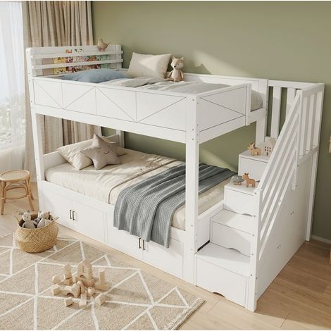 Lit superposé 90x200 cm pour chambre enfant, escalier de rangement, rangements fermés, bois blanc (1/5)