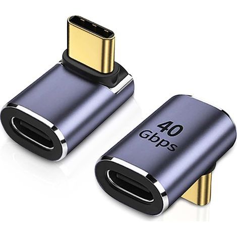 90 Degree USB-C Adapter (2-Pack), 90 Degree Right Angle USB-C Male to USB-C Female Adapter, Type C Connector, USB 4.0 40Gbps Data Transfer for Laptop, Tablet, Phone (1/5)