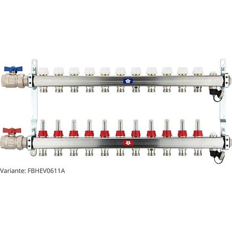 Fußbodenheizungsverteiler aus Edelstahl mit Topmeter für 11 Heizkreise - mit Anschlussset waagrecht (1/3)