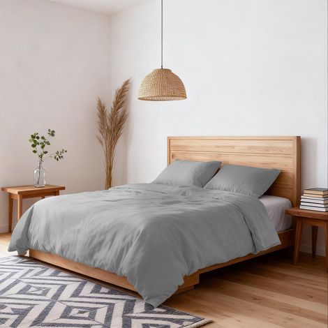 Housse de Couette Double Effet Water Washed, Parure de Couette : Housse 250x200 cm avec Rabat et Paire de taies d'Oreiller – Gris Clair (1/5)
