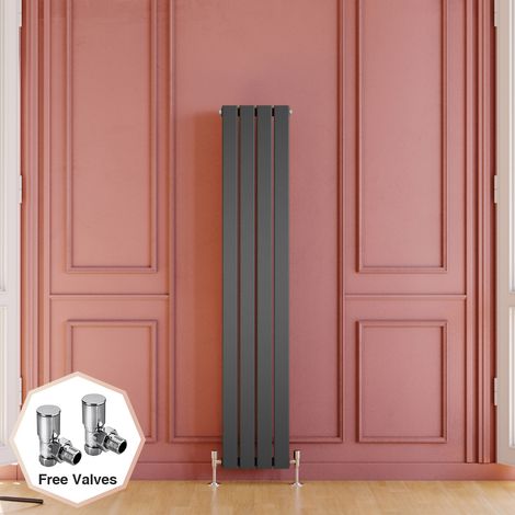 ELEGANT Steel Vertical Radiator Modern Bathroom Flat Panel Radiator Central Heating Rad, 1600x300mm Anthracite Double with Chrome Angled Radiator Valve
