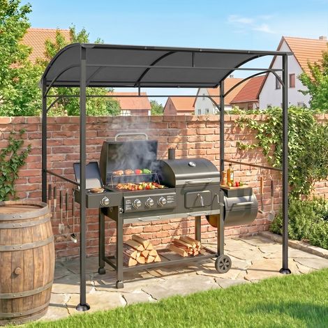Pavillon barbecue, toit de barbecue, protection contre la pluie, crochets pour les ustensiles, cadre en acier, gris foncé, 215 x 150 x 182/220 cm (1/5)