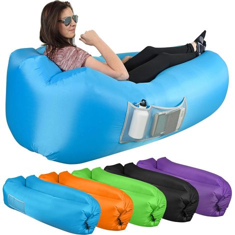 Fauteuil/canapé gonflable d'extérieur - Tissu en nylon résistant - Sans pompe - Idéal pour le camping, la plage et les moments de détente en plein air - Poches en filet - Sac de rangement inclus (1/5)